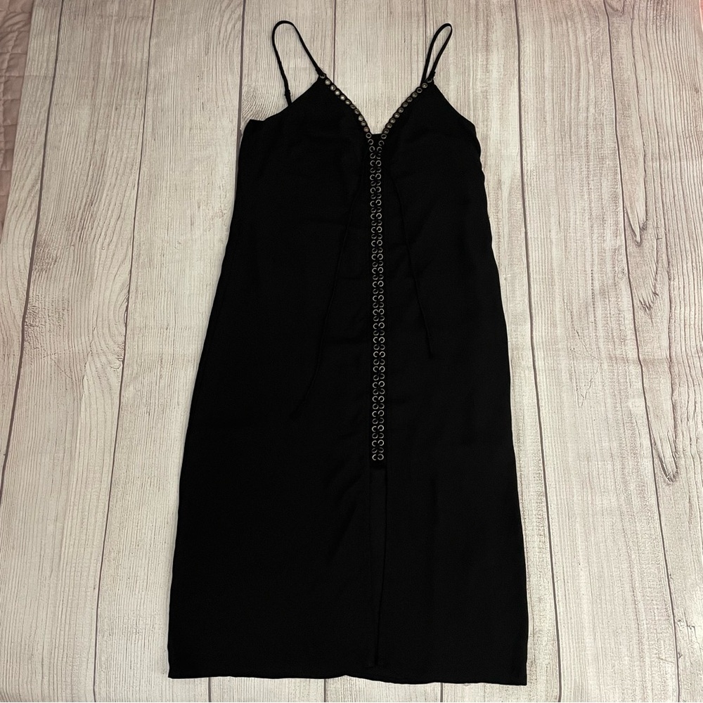 GOLDIE Women’s Elegant Black Midi Dress w/Gold Lace Up Detail Size Medium - Picture 2 of 10